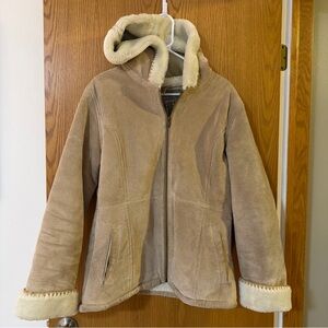 Y2K Sonoma Silky Pig Skin Suede Leather Women’s Tan Hooded Jacket Faux Fur Large